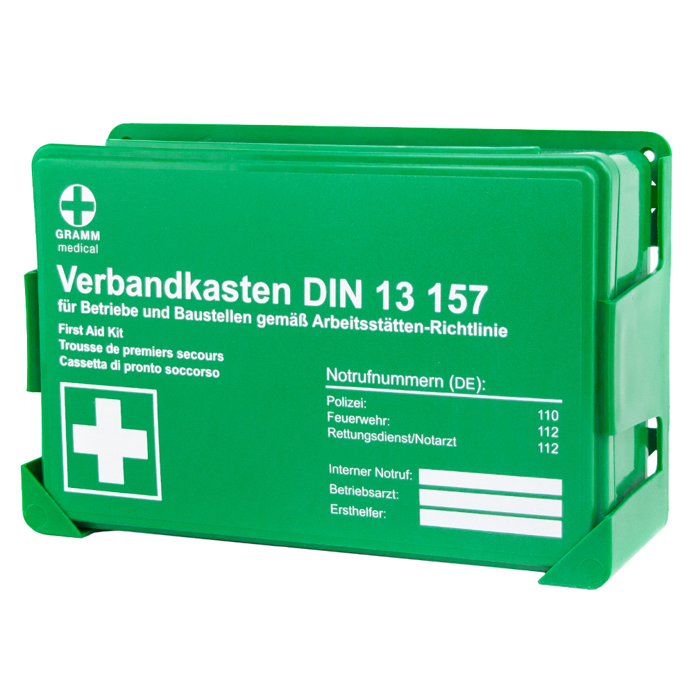 Betriebsverbandkasten - MINI DIN 13157, Farbe Grün, inkl. Wandhalterung [GRAMM MEDICAL]